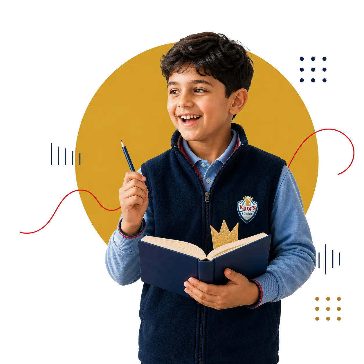A smiling King's School student reading a book