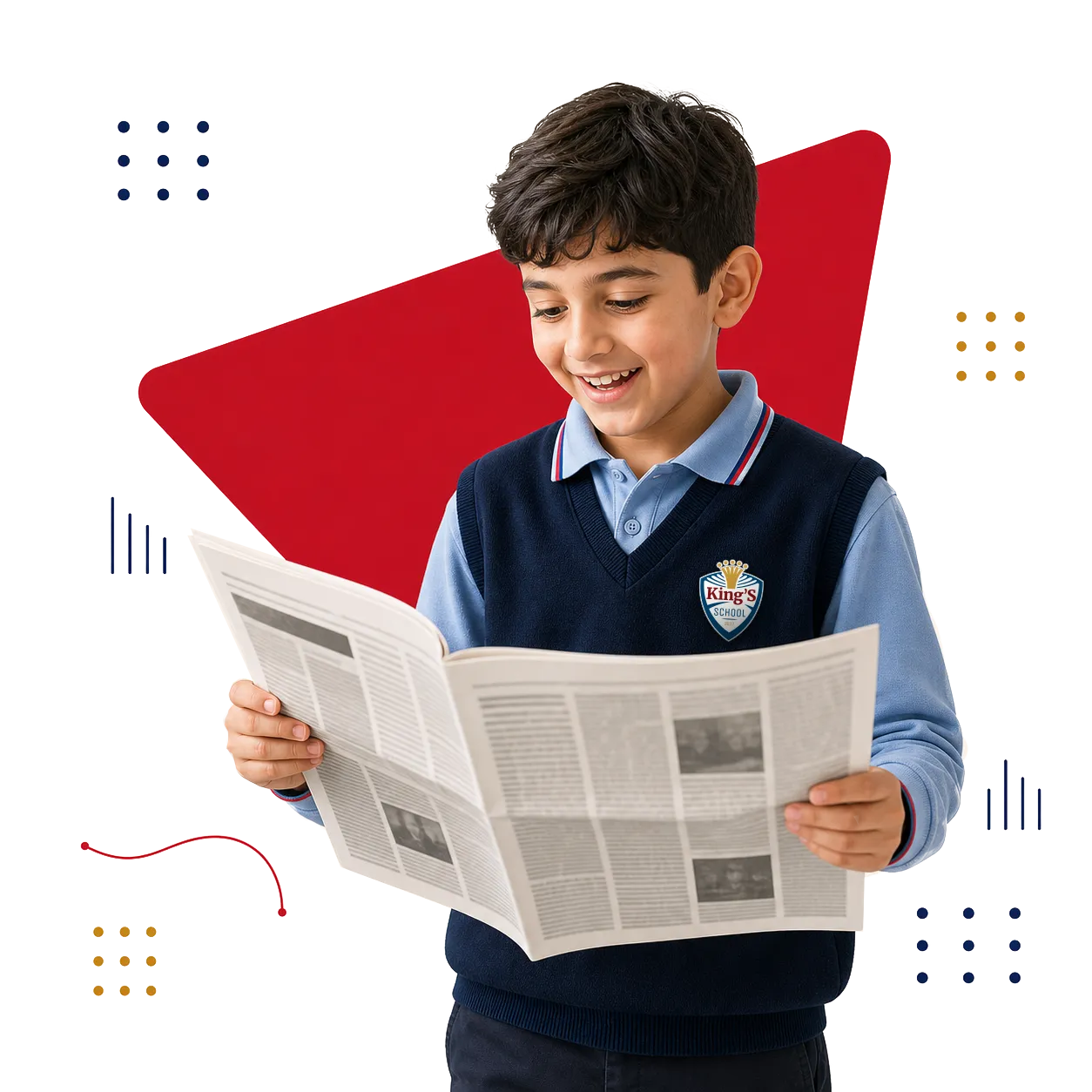 A smiling King's School student reading a newspaper